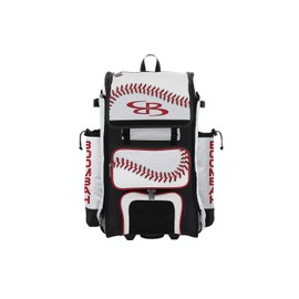 Boombah Rolling Catchers Superpack Baseball/Softball Gear Bag - 23-1/2" x 13-1/2" x 9-1/2" - Baseball 2 White/Red/Black - Telescopic Handle - Holds 4 Bats - Wheeled Version
