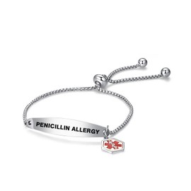 LSxAB Women Mens Red Medical Alert Penicillin Allergy Bracelet Emergency Medical ID Engraved Adjustable Stainless Steel Chain Wristband Bracelets
