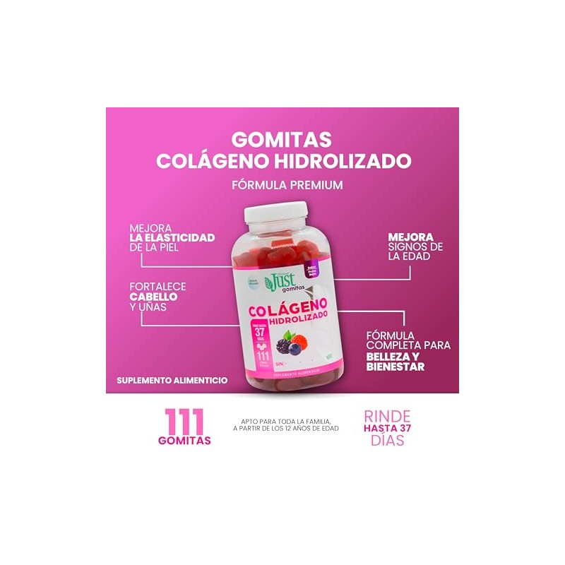 Colágeno Hidrolizado Premium JustCollagen 111 gomitas, Sabor Frutos Rojos.