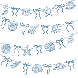 Blue Bow Starfish and Seashell Banners Under The Sea Paper Bow Hanging Banner for Summer Birthday Wedding Bachelorette Mermaid Baby Shower Suuplies