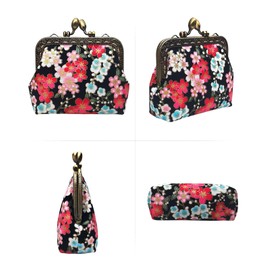 POPUCT Cotton Flower Pattern Vintage Buckle Coin Purse Kiss Lock Wallet(black)