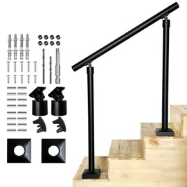 Heavy Duty Aluminum Round Handrail for Indoor or Outdoor Steps & Stairs – Maximum Load Capacity 800lbs, 0-3 Steps Stair Handrail Kit, Porch & Deck, WARPH03601, Black