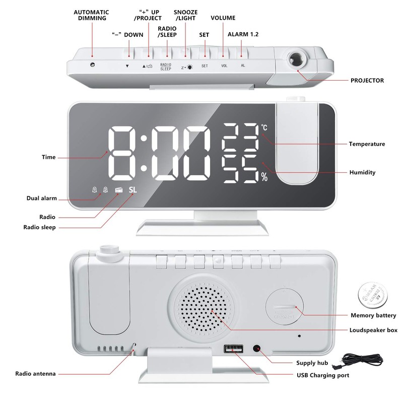DollaTek Radio projection alarm clock LED large screen display temperature