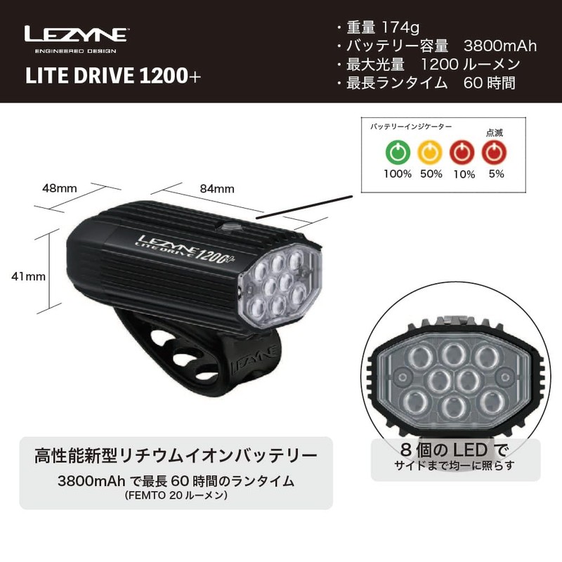 LEZYNE Bicycle Front Light, Light Drive, 1200 Lumens, Satin Black,