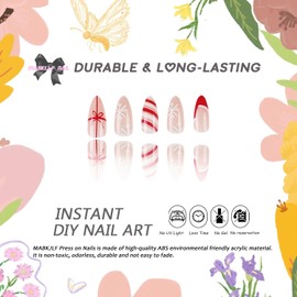 Christmas Press on Nails Short Almond MABKJLF Red French Tip Fake Nails False Nails with Designs Cute Christmas Hat Snowflake Bow Glossy Glue on Nails for Women Girls 24 Pcs