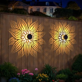 Hapjoy Solar Fence Lights 2 Pack Outdoor Deck Step Wall Lights Metal Waterproof LED Warm Yellow Light for Garden Post Patio Backyard Yard Decor (Flower, 2)