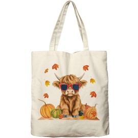 Dlzdn Fall Highland Cow Canvas Tote Bag Aesthetic Thanksgiving Day Pumpkin Reusable Shopping Grocery Bag Beach Bag Birthday Gifts for Women