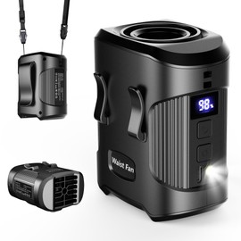 Portable Waist Fan 4000mAh Rechargeable, 3 Speeds Strong Turbo Airflow Hands-Free Clip Belt Fans With LED Flashlight, 24H Cooling Personal Wearable for Outdoor, Traveling, Camping, Gift for Men, Black