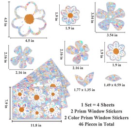 Prism Rainbow Window Clings for Glass Windows, Reflective Window Decals to Prevent Bird Strikes, Colourful Non Adhesive Sun Catchers Indoor Window Stickers, Preppy Room Decor (Leaf Flower 46 Pcs)
