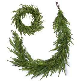 ENVEN Real Touch Norfolk Pine Christmas Garland and Wreath Set, 24IN Green Wreath and 6FT Christmas Garland Artificial Faux Greenery Norfolk Pine for Holiday Indoor Mantle Decor