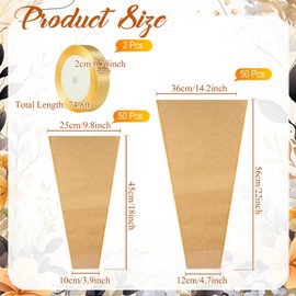 Fullhawl 100 Pcs Flower Bouquet Wrapping Bags 9.8 x17.9 Inch and 14.2 x 22 Inch Kraft Paper Flower Sleeves Flower Supplies Flower Bags with Ribbons for Bouquet Wedding Birthday