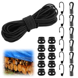 Rubber Cord, 5 mm x 15 m, Elastic Expander Rope, Rubber Cord with Spiral Hooks, Plastic Hooks and Cord Stopper, Black Rubber Cord, Tension Rope, Tarpaulin Rope for Trailer Tarpaulin, Sun Sail, Tents