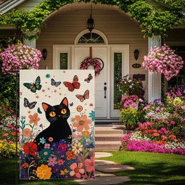 Spring Cat Garden Flag 12x18 Inch Double Sided Summer Butterfly Colorful Floral Flower Yard Outdoor Flag House Holiday Outside Decoration