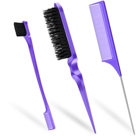 Sularpek 3 Pcs Slick Brush Set, Hair Brush Comb Set, Rat Tail Comb, Double Sided Edge Brush, Plastic Bristle Hair Brush Teasing Comb Edge Hair Brush, for Hairdresser Women Baby Children (Purple)