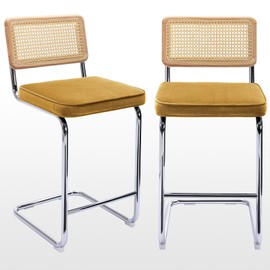 Zesthouse Natural Rattan Bar Stools Set of 2, 26'' Modern Counter Height Stools, Yellow Velvet Counter Height Chairs with Solid Wood Back, Mid Century Cantilevered Design Bar Chairs for Kitchen Island