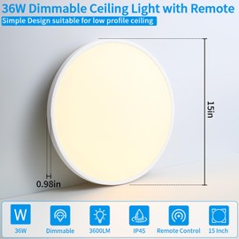 HOVENLA LED Flush Mount Ceiling Light Fixture 15 Inch, 36W 3600lm Dimmable Kitchen Light Fixture Ceiling Mount with Remote Control, Adjustable 3000K-6500K Round Ceiling Lamp for Bedroom, Living Room
