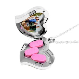 Amour Heart Pill Necklace - Polished Heart Locket with Strong Magnetic Closure - Medication Necklace - Keep Your Medication Securely with You at All Times - Locket Necklace26 Inch Chain (Silver)