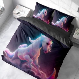FEBE 3D Unicorn Duvet Cover Set 135 x 200 cm + Pillowcase 80 x 80 cm Reversible Bed Linen 2-Piece with Zip Closure