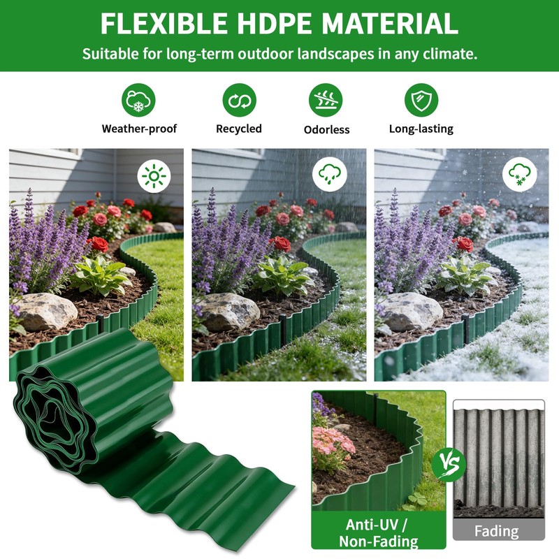 SHAOKAOLU 59FT Landscape Edging, 6" Tall Plastic Landscape Border w/Stakes