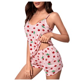 WDIRARA Women's 3 Pieces Cute Cherry Graphic Shorts Pajama Set Cami Top Sleepwear with Eye Mask Pink Cherry X-Large
