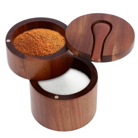 PHWRECZ 2 Layers Acacia Wood Salt and Pepper Bowl Salt and Pepper Storage Box Salt Container Salt Keeper with Built in Spoon and Magnetic Swivel Lid Dustproof Salt Holder for Kitchen Serving (Wood A)