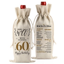 HODREU 60th Birthday Gifts for Women Ideas Funny Wine Bag 60th Birthday Decorations Party Favors Happy Anniversary Retirement Gifts for 60 Year Old Woman Men Dad Mom Grandparents Wine Gift Bag