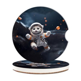Cute Space Cat Car Coasters, Car Coasters for Cup Holders, 2PCS Universal Anti Slip Car Assecories, 2.56in Cute Car Coasters with A Finger Notch