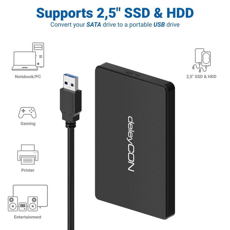 deleyCON SSD Hard Drive Enclosure USB 3.1 Gen 1 for