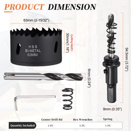 METALLIXITY Bi-Metal Hole Saw Kit 63mm (2-15/32"), M42 High Speed Steel Hole Cutter with Center Drill Bit, Hex Key and Spring - for Metal Sheet, Wood, Plastic Plate and PVC Board, Black