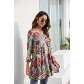 Enmain Womens Long Sleeve Tunic Top Ladie Longline Blouse Casual Floral Swing Dress Top Slouch Loose Comfortable Plus Size 3XL