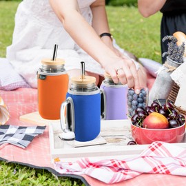 Beautyflier 24 oz Regular Mouth Mason Jars with Handle Insulators Sleeve, Neoprene Canning Cover for Drinking Glasses Tumbler, Reusable Cups Smoothie Water Bottles Sleeve Cover, Sleeve Only (Color2)