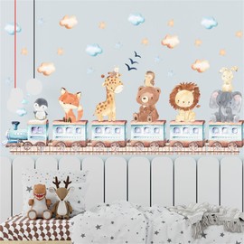 Forest Baby Animals Train Wall Stickers Elephant Lion Giraffe Bear Safari Wall Decals Watercolor Cloud Stars Baby Bedroom Nursery Kids Room Classroom Daycare Wall Decor
