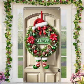 BlissYard Believe - Guirnalda de Navidad con patas de elfo para colgar en la pared para interiores y exteriores, porche delantero, 35 x 71 pulgadas