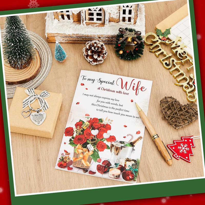 Yaomiao Christmas Card for Wife Heart Pendant Keyring with Love