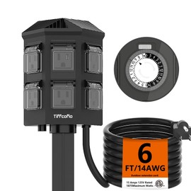 TiFFCOFiO Outdoor Power Strip Waterproof, 24 Hour Mechanical Timer, 6 ft Extension Cord, 6 Grounded Outlets for Outdoor Lights, ETL Listed (6 FT)