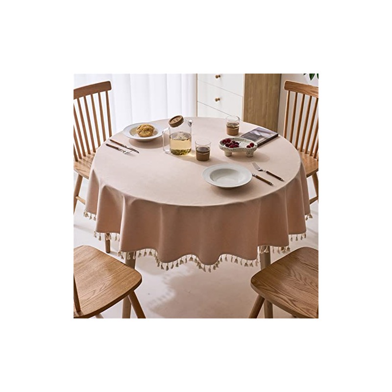 Linen Textured Round Tablecloth with Tassel - Waterproof Spill Proof