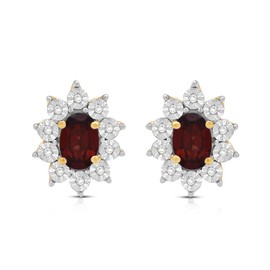 Jewelili Sterling Silver or Rose or Yellow Gold over Silver 6x4 MM Oval Created or Genuine Gemstone and 1/20 Cttw Natural White Round Diamond Cluster Stud Earrings, metal, garnet