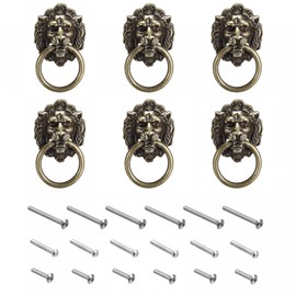 sourcing map 6Pcs Lion Head Pulls Knob 1.57" x 2.68" Bronze Lion Head Drawer Pulls Ring Pull for Cupboard Suitcase Furniture Replacement with Mounting Screws