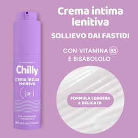 Chilly, Crema Intima Lenitiva, con Vitamina B5 e Bisabololo, Azione Idratante e Calmante, Dona Sollievo dai Piccoli Fastidi Intimi, Texture Fluida e Vellutata, pH5, Ideale per Uso Quotidiano, 50 ml