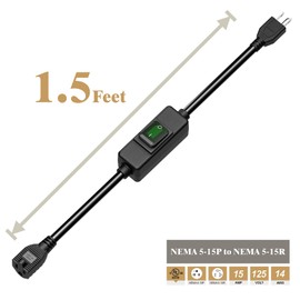 1.5Feet Waterproof Extension Power Cord, in-Line On-Off Switch Extension Cable, SJTW 14AWG 3C Waterproof,Max.20A 125V Heavy Duty Inline Switch AC Power Cord