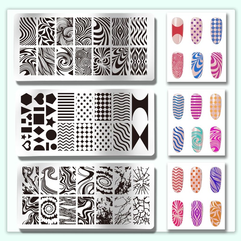 PH PandaHall 3pcs Water Ripple Nail Art Templates, Geometric Texture