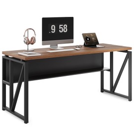 LITTLE TREE 55-Inch Executive Office Desk, Large Computer Desk with Storage Shelf, Executive Desk with Metal Frame, Thickened Desktop, Study Writing Desk Work Station for Home Office, Walnut Black