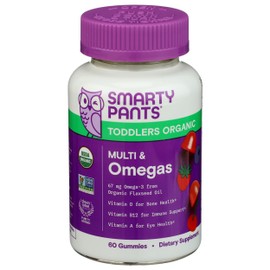 SmartyPants Organic Toddler Multivitamin Gummies: Probiotics, Omega 3 (ALA), Vitamin D3, C, Vitamin B12, B6, A, K & Zinc, Beta Carotene, Gluten Free, Three Fruit Flavors, 60 Count (30 Day Supply)