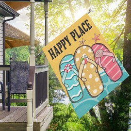 Easternproject Happy Place Summer Beach House Flag Double Sided 28x40 Inch Stripes Polka Dot Flip Flops Shoreline Ocean Sea Sand Starfish Farmhouse Yard Flags Outside Decoration