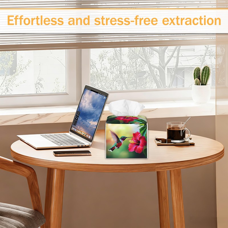 French Hummingbird Flower 2 Pcs Tissue Box Cover Square Leather