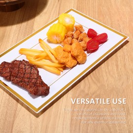 10pcs Plastic Serving Platters with Gold Border Buffet Trays Food Party Serving Trays Rectangular Dinner Plates for Weddings Birthdays Christmas Parties 33x20cm