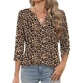 LOMON Three Quarter Sleeve Tops Woman Spring Basic Vneck Shirts Business Casual Outfits Leopard Print Tops for Women L