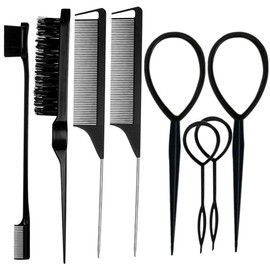 8Pcs Black Hair Brushes Set with 4Pcs Topsy Tail Tools, Teasing Bristle Brush, Edge Control Brush, and 2Pcs Metal Pin Rat Tail Combs for Women's Hair Styling and Brushing - Color: pink