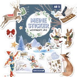 Papierdrachen Sticker Pad Christmas Watercolour – Over 100 Pieces – Christmas Mix – Christmas Motifs – for Collecting and Embellishing Gifts – for Young and Old, Set 01