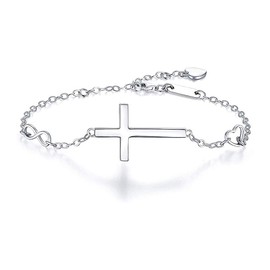 Becky & Jack White Gold Plated 925 Sterling Silver Sideways Horizontal Cross Charm Bracelet for Women Infinity Bracelet Heart Bracelet